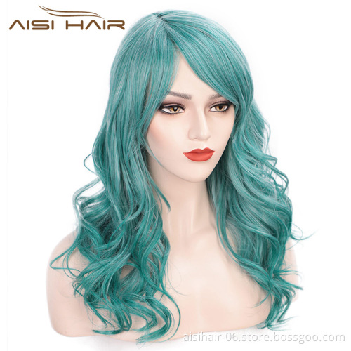 Aisi Hair Synthetic Long Wavy Lake Blue Wig for Woman Cosplay Wig Grey Green Blue Heat Resistant Fiber Wigs